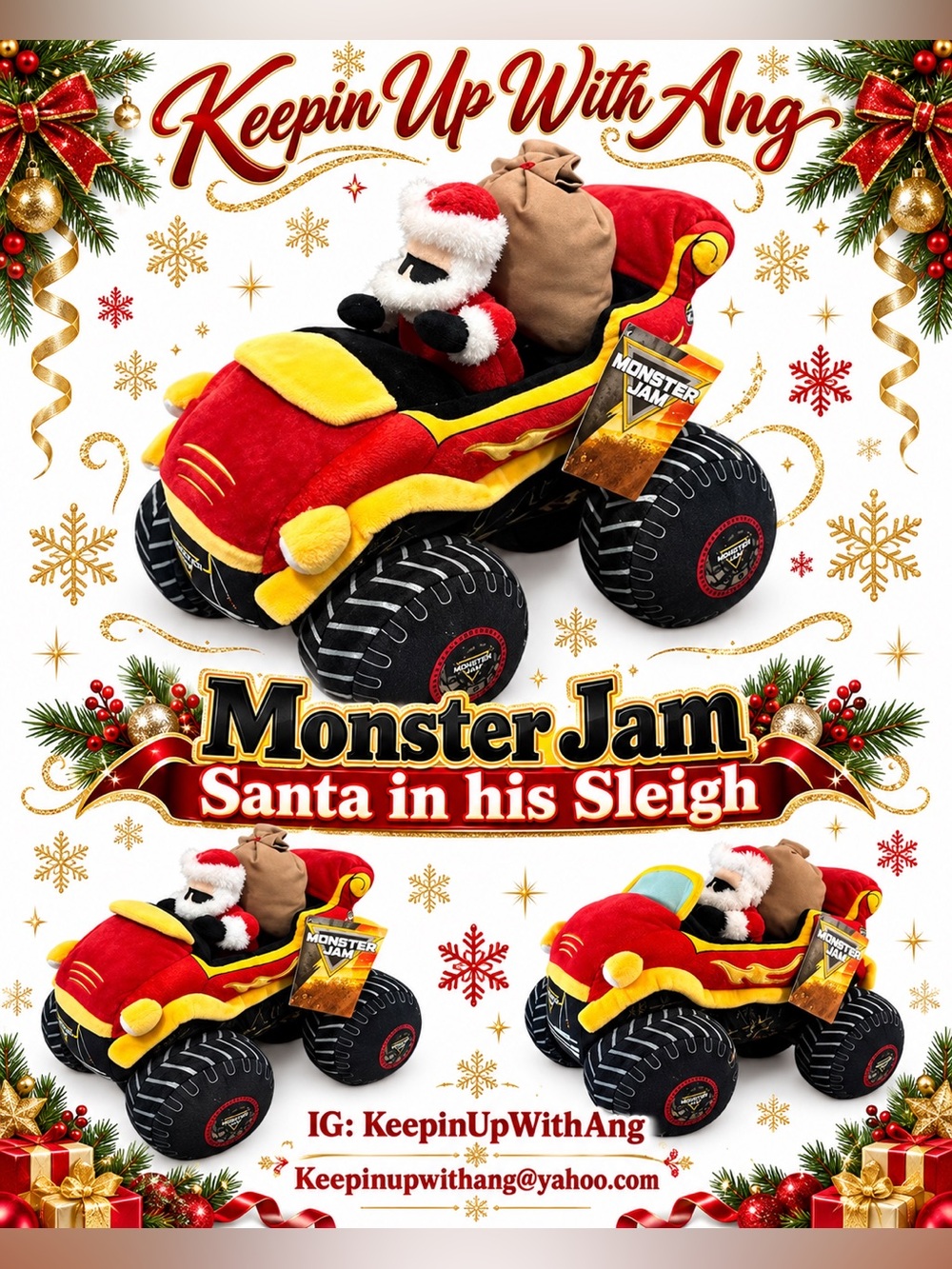Santas Monster Jam Sleigh Plush Monster Truck - Red, Black & Yellow